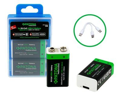 Aku 6F22/LR22 Li-lon 400mAh 9V-2ks s USB-C nabíjením